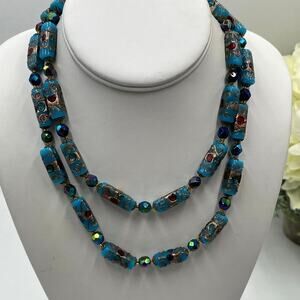 Vintage Blue Cloisonné Glass‎ Bead Faceted Crystal AB Accents Single Necklace